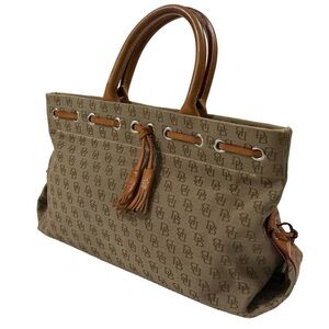 Dooney Bourke DB Monogram Drawstring Tote Canvas Leather Tassel